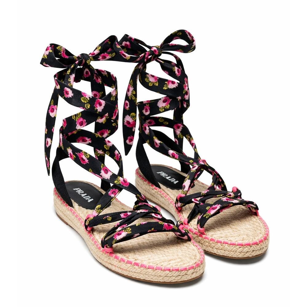 Prada Floral Lace-Up Espadrille Sandals Black Pink Size EU 41‎